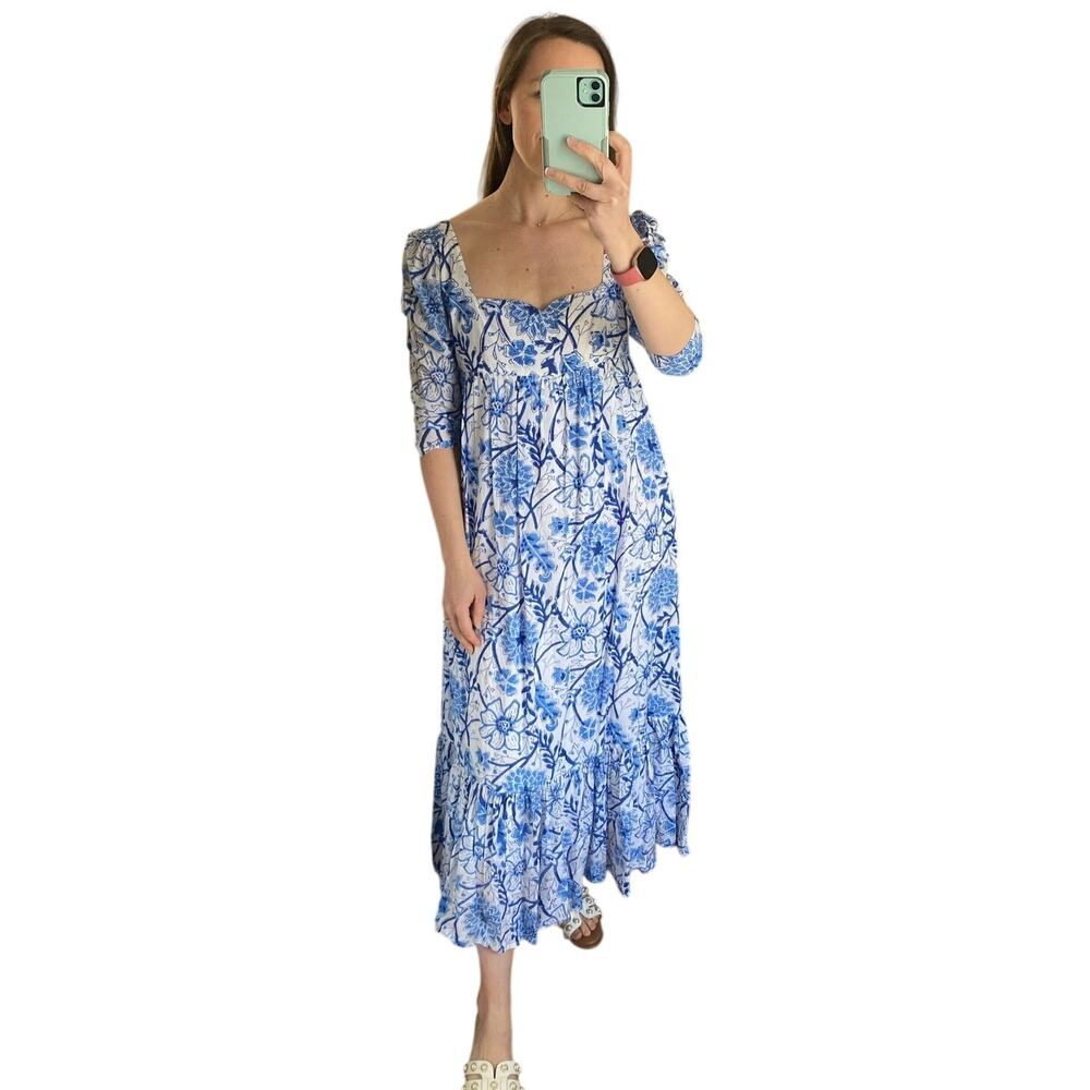 Madison Mathews Tuckernuck Maxi Sweetheart Neck Blue Floral Block Print Dress